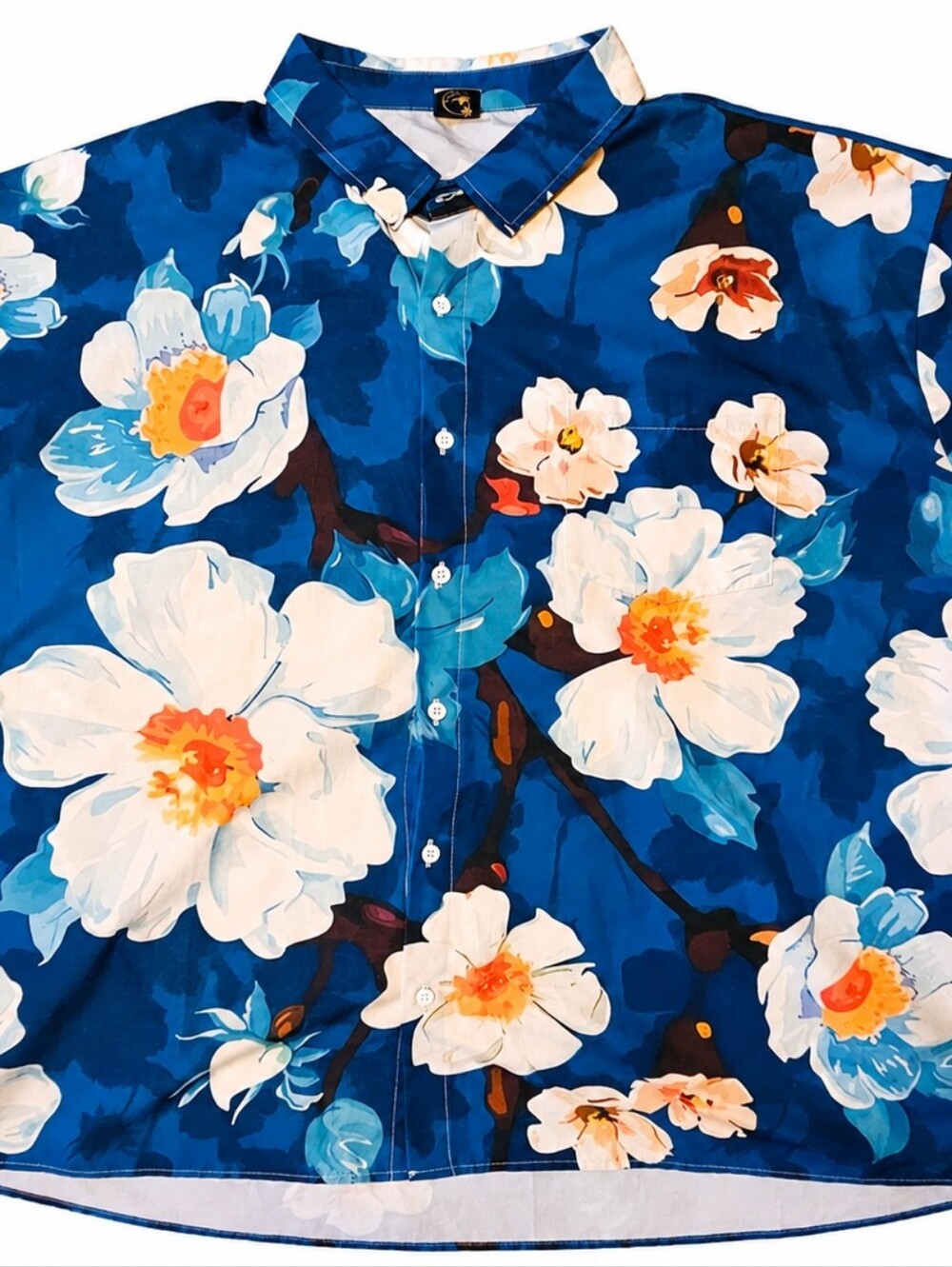 Hardaddy Men's Blue Floral Button-Up Shirt - White & Orange Bloom Print 3XL